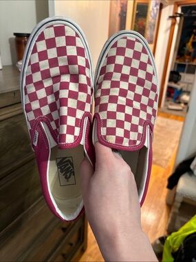 Vans Checkerboard Slip-On Sneakers in Maroon & Cream